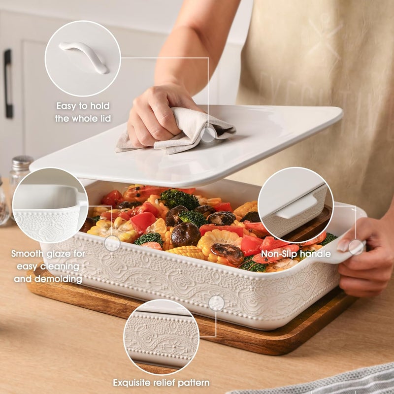 FE FUN ELEMENTS Casserole Dish with Lid, Ceramic 9x13 Casserole Dish for Oven, Rectangular Bakeware, Large Baking Dish with Handles for Holiday Cooking, Roasting, Baking, Oven & Microwave Safe (White) - Image 5